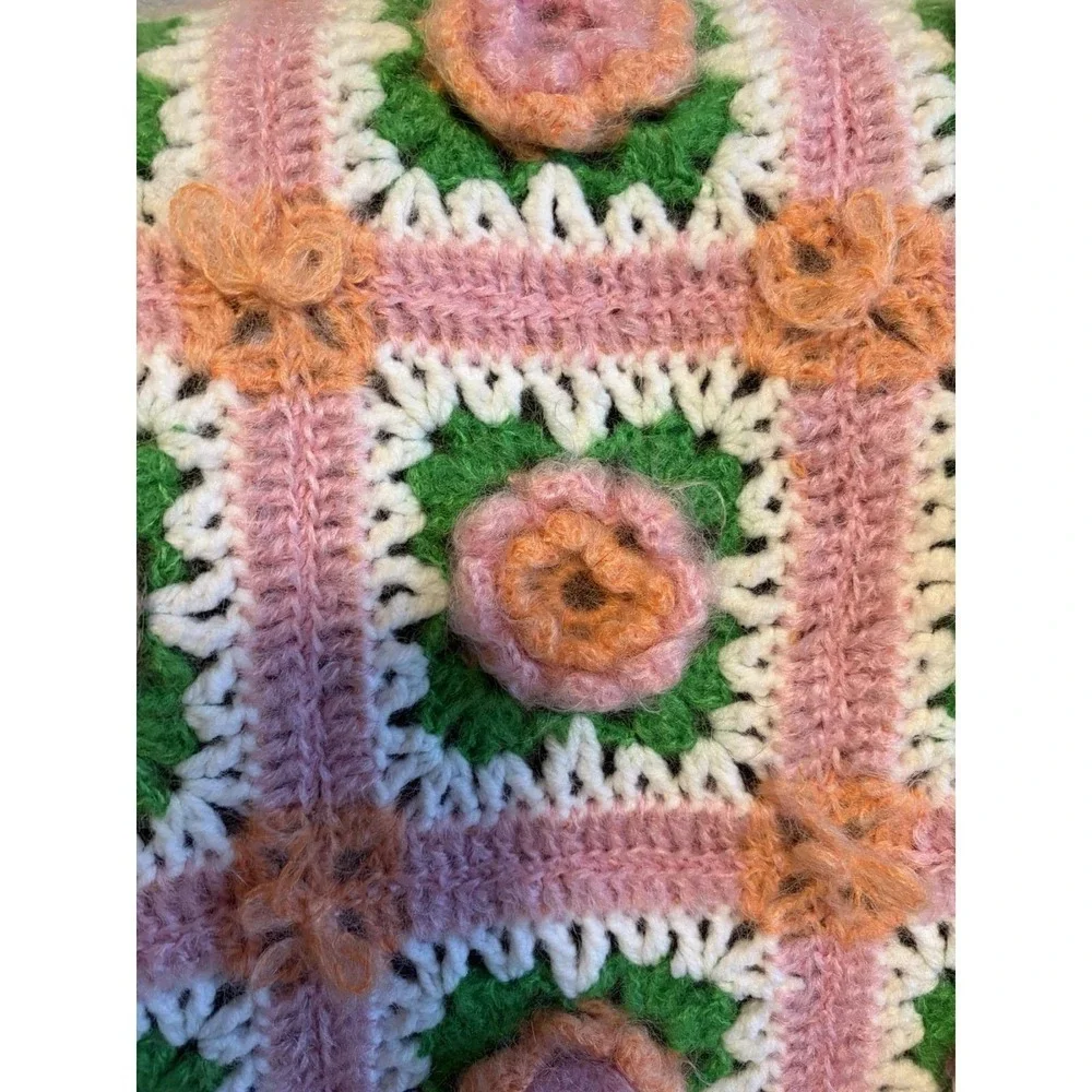 Vtg Hand Crocheted Mohair Afghan Blanket 3D Roses Floral Granny Square Pink WOW